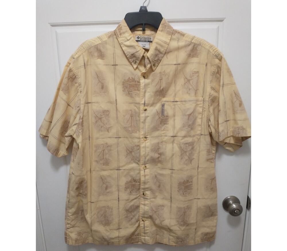Vintage Columbia River Lodge Fishing Shirt Men L Yellow All Over Print Marlin